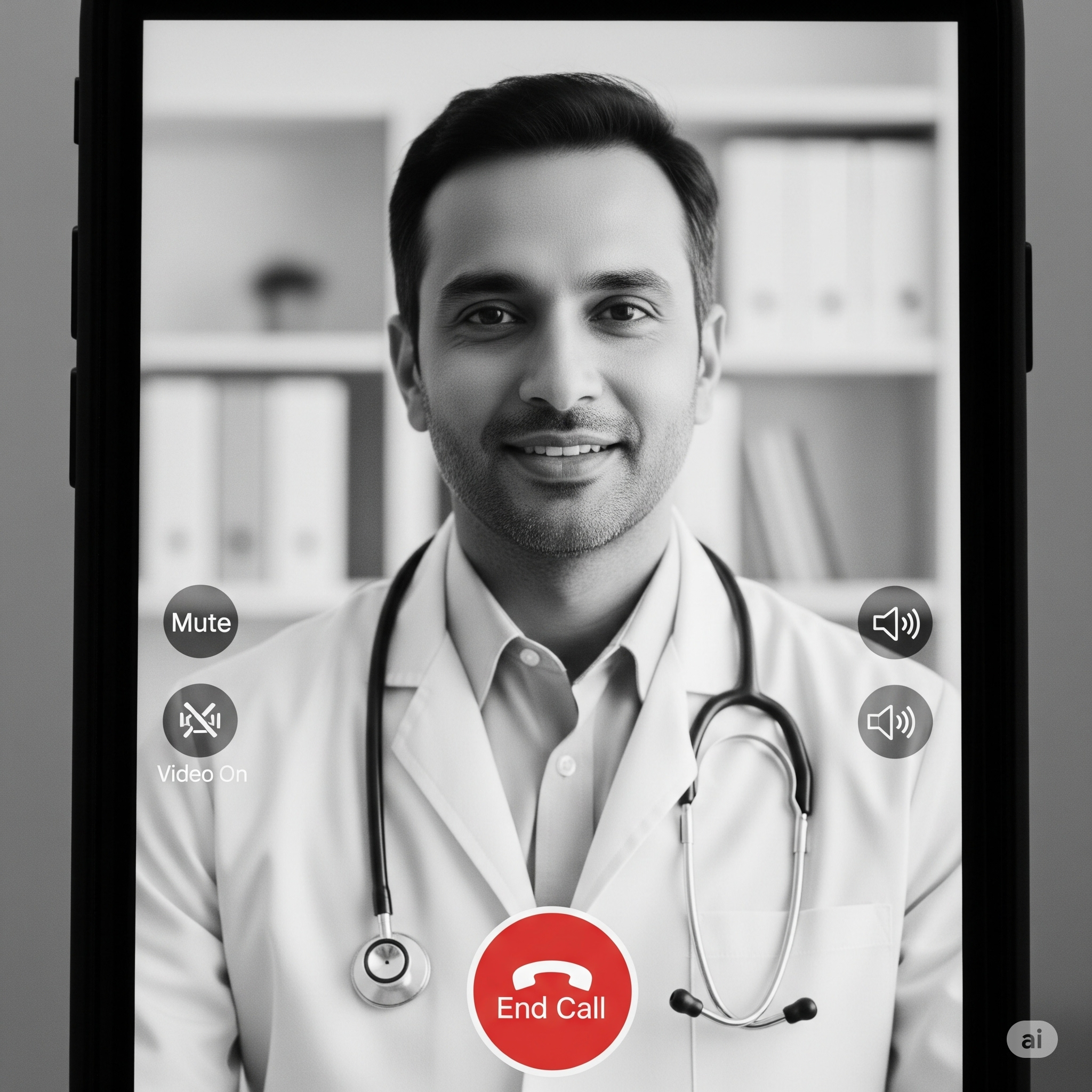Image of a male doctor in a video call, representing instant, expert emergency consultation through the Veer App.