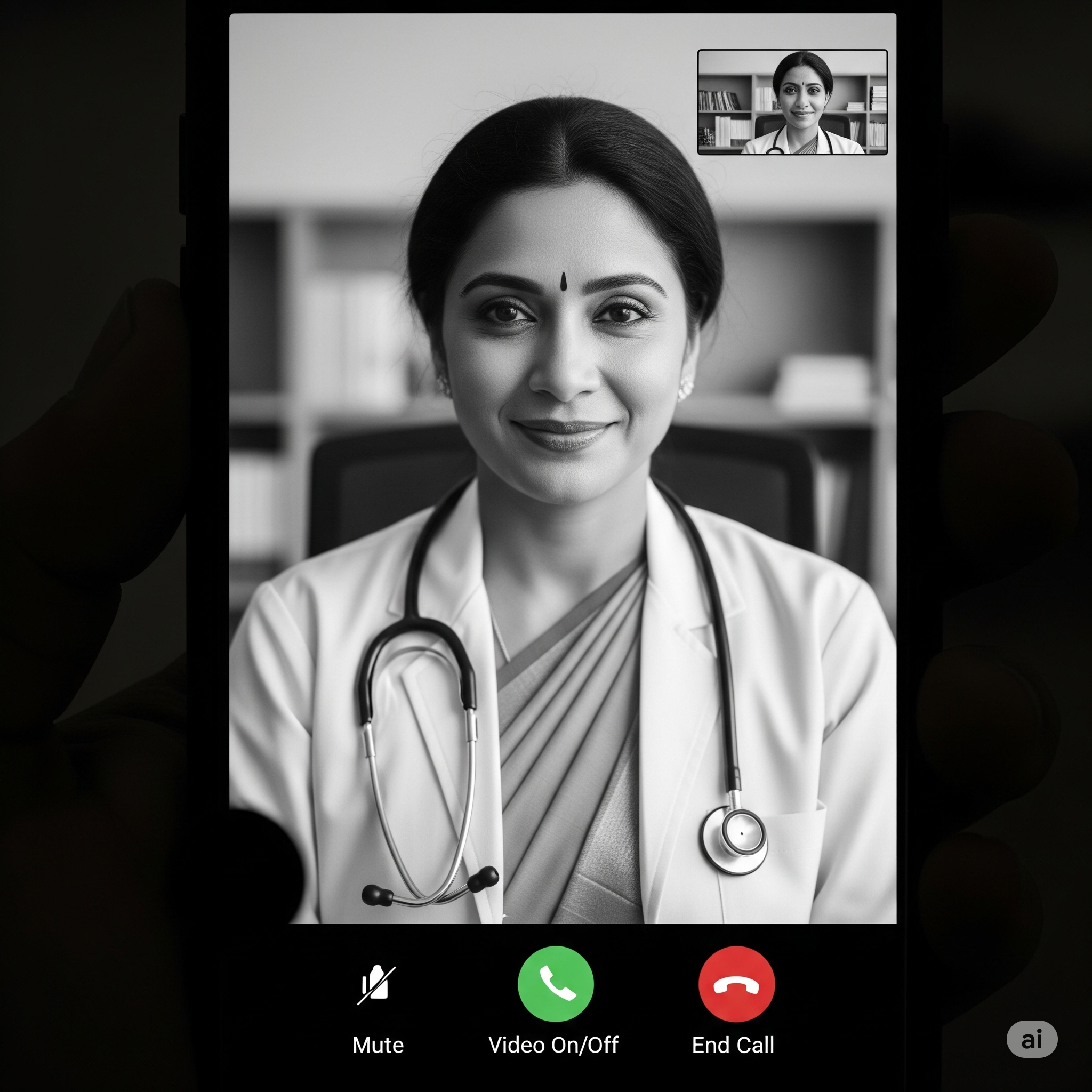 Image of a female doctor in a video call, representing instant, expert emergency consultation through the Veer App.