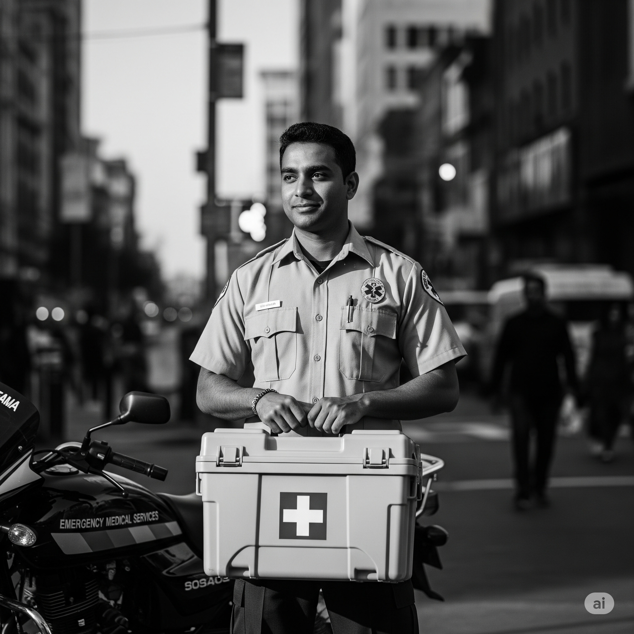 Image of a male paramedic in uniform with a two-wheeler in the background, symbolizing rapid 10-minute emergency response to your home.