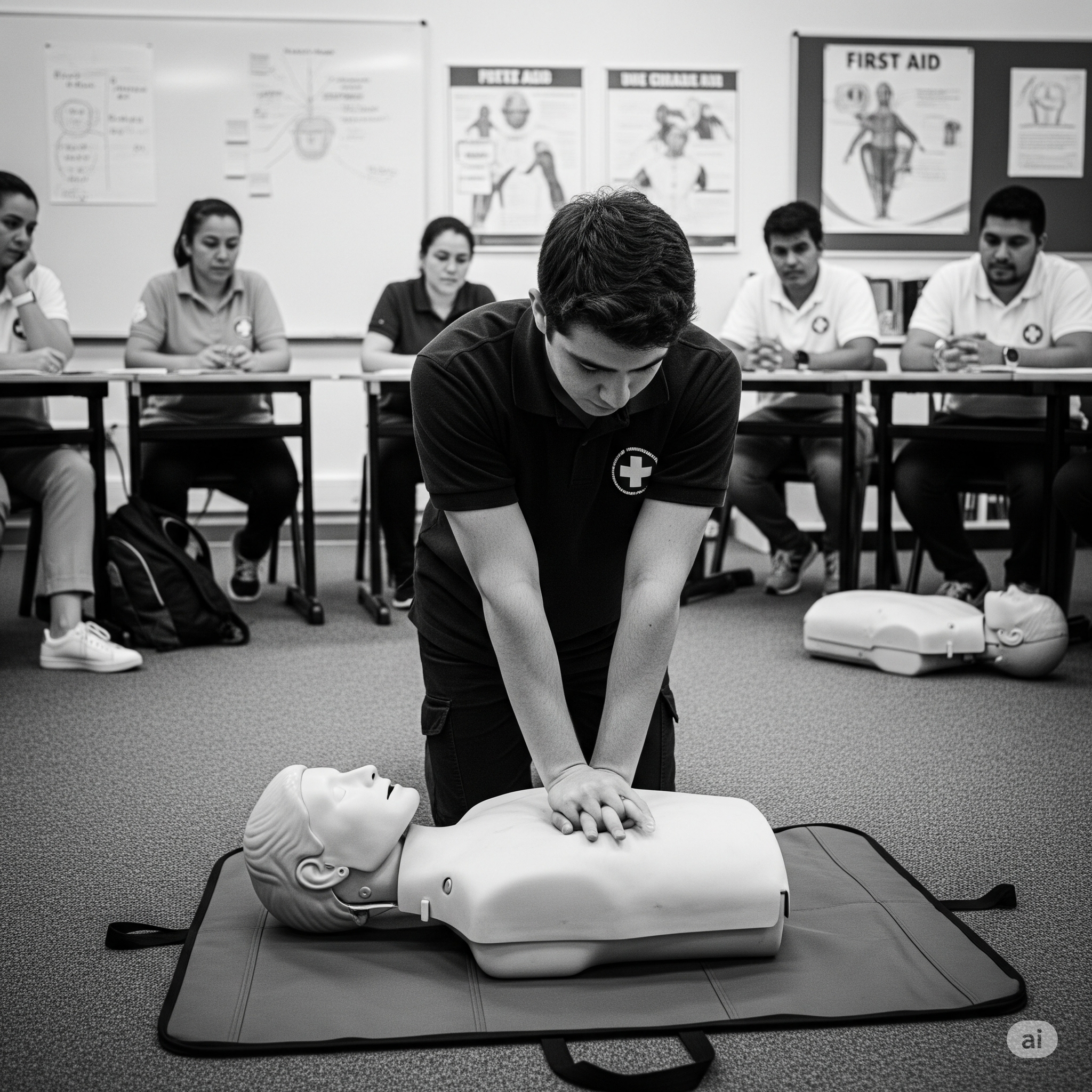 A black and white photo of a young man practicing CPR on a medical manikin during a certification training session.