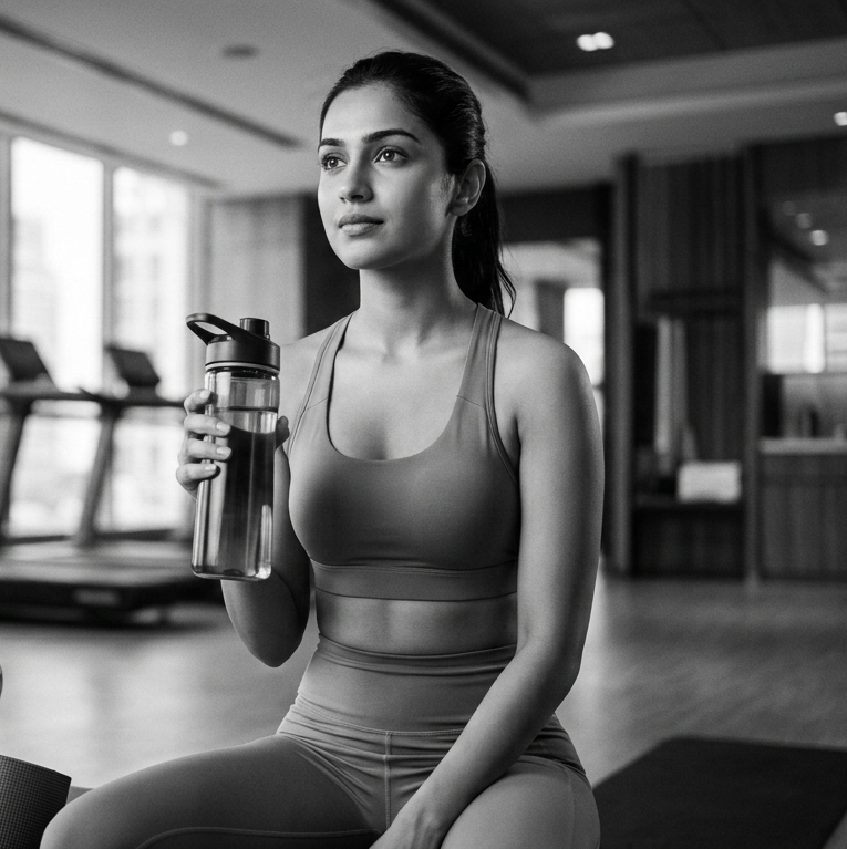 A young gym goer staring ahead.
