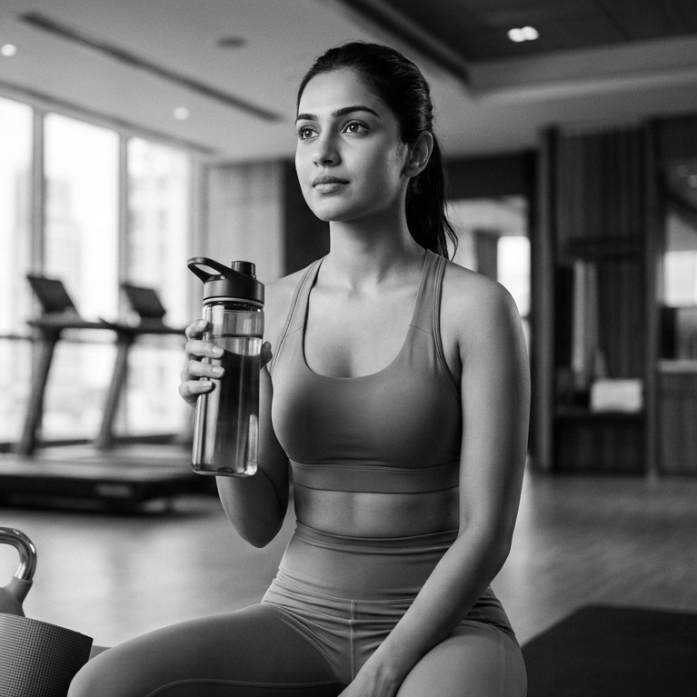 A young gym goer staring ahead.