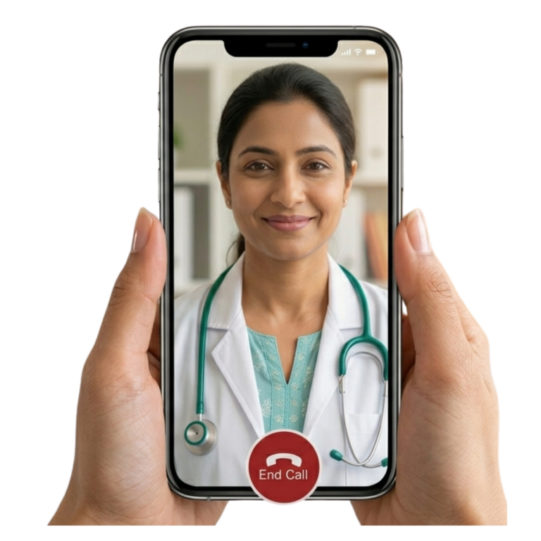 An illustrative example of the Veer App: an image of an Mobile Phone App talking with a doctor on a video call.