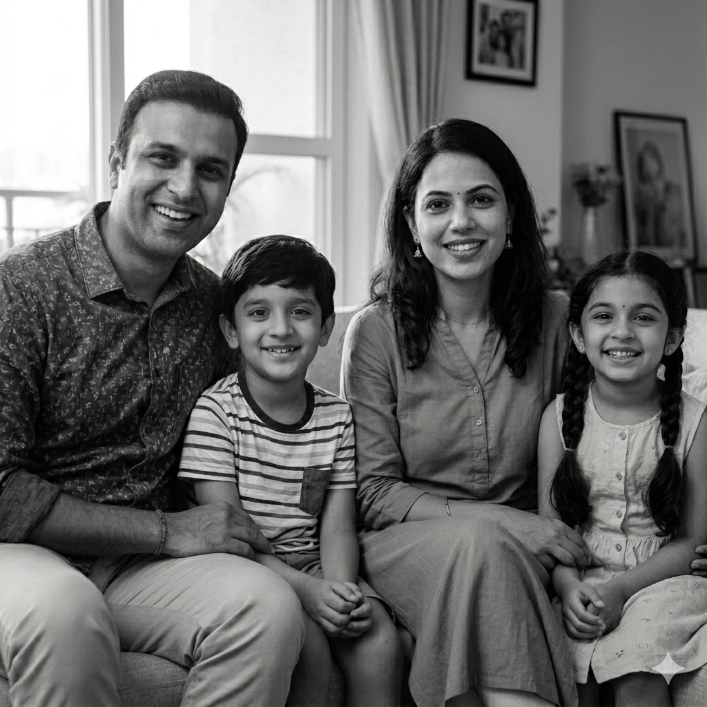 A Picture of Indian Family of 4: Father, Mother and two children, a boy and girl. Urban family sitting on a sofa and looking into the camera with smiles on their faces.