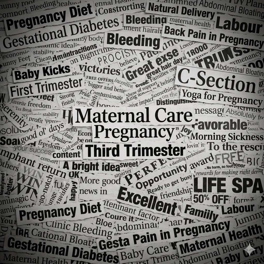 Many pregnancy terms and words, cut or torn from physical newspaper headlines and arranged to form a large collection.